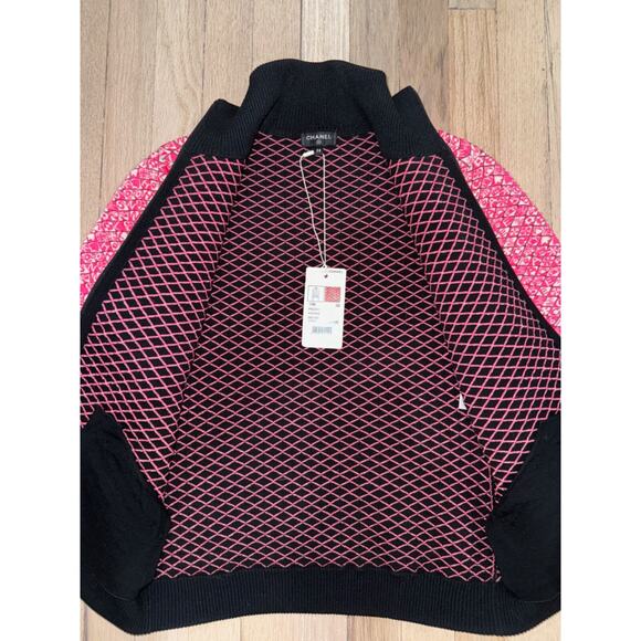 Chanel 19B Coco Neige Ski Pink Quilted Black Logo Wool Cardigan Zip Up Jacket 38 - Picture 12 of 16